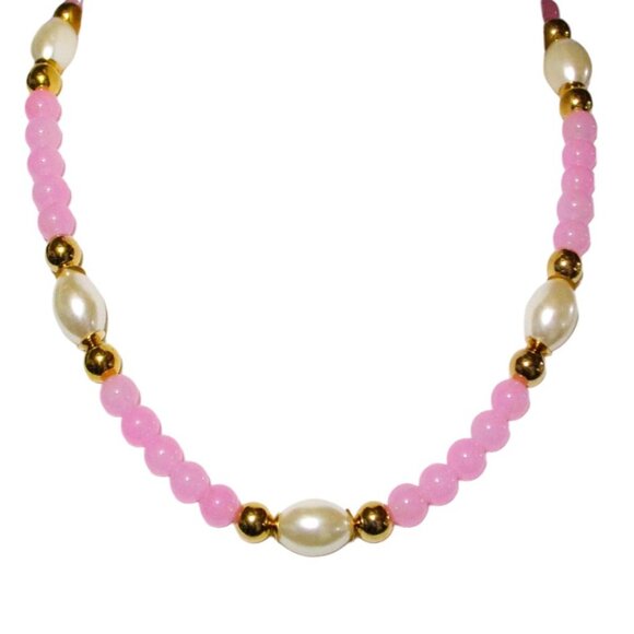 Pink glass and white pearl bead necklace mixed with gold beads 20" - Picture 8 of 12